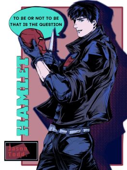 1boy bat_signal batman_(series) batman_symbol black_bodysuit black_gloves black_hair blue_eyes bodysuit brown_jacket dc_comics domino_mask e2_yhxloki eye_mask gloves grey_bodysuit highres holding jacket jason_todd male_focus mask multicolored_bodysuit muscular muscular_male open_clothes pants red_hood_(dc) red_hood_and_the_outlaws red_mask shirt short_hair superhero_costume taut_bodysuit two-tone_bodysuit