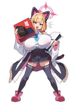 1girl absurdres alternate_breast_size_(larger) black_jacket black_skirt black_thighhighs blonde_hair blue_archive blue_necktie breasts commentary full_body game_console gya_rb halo highres huge_breasts jacket looking_at_viewer momoi_(blue_archive) necktie nintendo_switch_2 open_mouth oppai_loli pink_halo pink_shoes playstation_5 pleated_skirt red_eyes shirt shoes simple_background skirt solo standing teeth thighhighs upper_teeth_only white_background white_shirt zettai_ryouiki