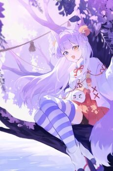 1girl ;d blue_eyes bow bowtie collared_shirt cone_hair_bun creature double_bun grey_shirt hair_bun hair_ornament hair_rings hashtag-only_commentary heterochromia highres in_tree inari_(tenko_shibuki) looking_at_viewer one_eye_closed open_mouth orange_eyes outdoors pom_pom_(clothes) pom_pom_hair_ornament purple_hair purple_theme red_bow red_bowtie red_ribbon red_skirt ribbon shirt sitting skirt smile solo stellive striped_clothes striped_thighhighs tabi tenko_shibuki thighhighs tree virtual_youtuber wing_collar yulmu1005