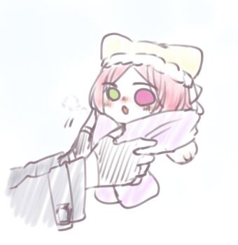 Rule 34 | 2girls, :o, adjusting another's clothes, animal ears, animal hands, assault lily, black gloves, blue background, blush, breath, cat ears, cat girl, cat paws, chibi, commentary request, cropped torso, funada kiito, fur-trimmed headwear, fur trim, gloves, gradient background, green eyes, hat, heterochromia, kemonomimi mode, long sleeves, looking at another, motion lines, multiple girls, nigari (ngari 0115), nose blush, out of frame, parted bangs, parted lips, partially fingerless gloves, purple scarf, red eyes, red hair, scarf, shiba tomoshibi, solid eyes, solo focus, two-tone background, white background, yellow hat