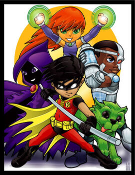 2girls 3boys arm_cannon beast_boy_(dc) belt black_hair border chibi cloak cosplay cyborg cyborg_(dc) dark_skin dc_comics dick_grayson dog domino_mask eye_mask garfield_logan glowing glowing_eyes green_eyes mask multiple_boys multiple_girls new_teen_titans raven_(dc) red_hair redesign robin_(dc) simple_background smile staff starfire teen_titans tim_drake_(dcau)_(cosplay) weapon