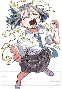 1girl absurdres aoki_ruri blue_necktie clenched_hands closed_eyes collared_shirt electricity facing_viewer floating_hair grey_hair grey_shoes grey_skirt hair_between_eyes hands_up haruyuki_(gffewuoutgblubh) highres horns necktie odaibako open_mouth polka_dot_necktie powering_up request_inset ruridragon school_uniform screaming shirt shoes short_hair short_sleeves simple_background skirt solo standing striped_clothes striped_skirt sweat vertical-striped_clothes vertical-striped_skirt white_background white_horns white_shirt