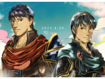 Rule 34 | 2boys, armor, blue eyes, blue hair, closed mouth, commentary request, dated, fenekia, fire emblem, fire emblem: mystery of the emblem, fire emblem: radiant dawn, gem, green headband, headband, highres, ike (fire emblem), looking at viewer, male focus, marth (fire emblem), multiple boys, nintendo, pauldrons, red gemstone, short hair, shoulder armor, single pauldron, super smash bros., tiara