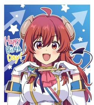 Rule 34 | 1girl, ahoge, arrow (symbol), ascot, breasts, commentary request, curled horns, demon girl, demon horns, demon tail, fang, gloves, happy birthday, highres, holding, holding wand, horns, jacket, large breasts, long hair, machikado mazoku, nekonyan (inaba31415), open mouth, red ascot, red eyes, red hair, skin fang, smile, solo, star (symbol), tail, upper body, wand, white gloves, white jacket, yoshida yuuko