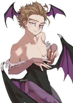 1boy animal_print artist_name bat_print bat_wings black_leotard blonde_hair boku_no_hero_academia bridal_gauntlets cosplay crossdressing crossdressing_(mtf) darkstalkers facial_hair fur-trimmed_leotard fur_trim hawks_(boku_no_hero_academia) head_wings highleg highleg_leotard kadeart leotard low_wings male_focus matching_hair/eyes morrigan_aensland_(cosplay) pantyhose print_pantyhose purple_pantyhose short_hair solo white_background wings yellow_eyes