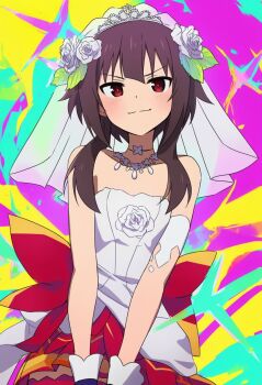 1girl bare_shoulders breasts dress flower hair_flower hair_ornament highres kono_subarashii_sekai_ni_shukufuku_wo! megumin meguminimalist red_eyes sidelocks small_breasts smug wedding_dress