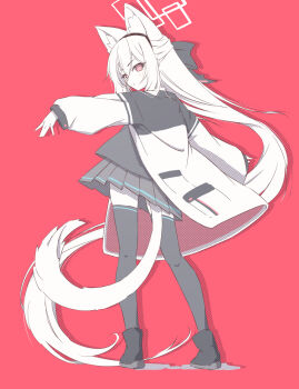 1girl black_jacket black_thighhighs blue_archive commentary_request grey_skirt hair_between_eyes halo highres jacket kei_(blue_archive) kei_(new_body)_(blue_archive) long_hair long_hair_between_eyes looking_at_viewer looking_back multicolored_jacket pink_eyes red_background simple_background skirt solo thighhighs thighs tomonx two-tone_jacket white_hair white_jacket