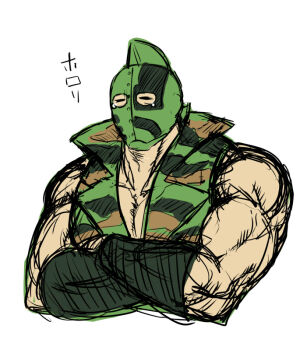 Rule 34 | 1boy, artist request, bare shoulders, crossed arms, helmet, kinniku ataru, kinnikuman, kinnikuman soldier, large pectorals, manly, military, military uniform, muscular, pectorals, simple background, solo, standing, translation request, wrestling, wrestling mask, wrestling outfit, yawning