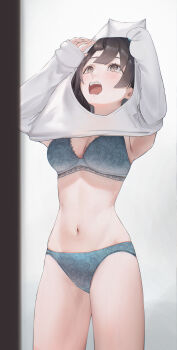 Rule 34 | 1girl, absurdres, arknights, arknights: endfield, black hair, blue bra, blue panties, bra, breasts, chen qianyu (arknights), commentary, grey eyes, highres, lace, lace-trimmed bra, lace trim, looking up, medium breasts, navel, open mouth, panties, shirt, solo, underwear, untranslatable commentary, wardrobe malfunction, wavy mouth, white shirt, yawww (yawwwart)