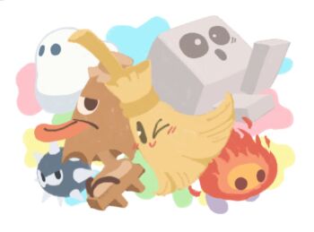 blocky_(kirby) blush boboo_(kirby) broom captain_stitch haboki jumper_shoot kirby&#039;s_dream_land_3 kirby_(series) nintendo one_eye_closed pokka730 smile tongue tongue_out yuki_(kirby)