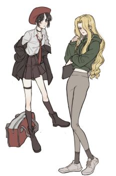 2girls archived_source bag beret black_bag black_choker black_eyes black_hair black_jacket black_shoes black_skirt black_sleeves black_socks blonde_hair blue_eyes blush breasts choker cloe_da_pontina closed_mouth collarbone collared_shirt cross-laced_shoes curtained_hair drawstring dress_shirt earrings fashion frown full_body gold_ring green_hood green_hoodie green_sleeves grey_pants grey_socks half-closed_eyes handbag hands_on_own_hips hat highres holding holding_bag honey3apple hood hood_down hoodie ispin_charles jacket jewelry kneehighs legs_apart long_hair long_sleeves loose_hair_strand medium_breasts midriff multiple_girls muted_color narrow_waist necklace necktie nexon one_eye_covered pants parted_bangs parted_hair parted_lips pinky_ring pleated_skirt red_bag red_hat red_necktie ring ringlets shirt shoes short_hair skinny skirt sleeve_cuffs sneakers socks standing tales_weaver thigh_strap white_background white_shirt white_shoes white_sleeves yoga_pants