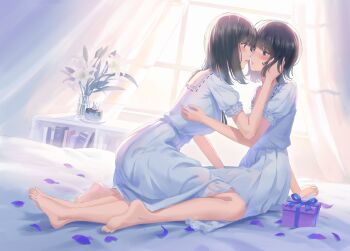 Rule 34 | 2girls, barefoot, bilingual commentary, black hair, blush, book, bookshelf, box, chinese commentary, commentary request, curtains, eye contact, flower, flowers (innocent grey), gift, gift box, hand in another's hair, highres, imminent kiss, kafkasea, lily (flower), looking at another, medium hair, mixed-language commentary, multiple girls, nightgown, parted lips, petals, puffy short sleeves, puffy sleeves, short sleeves, sitting, sitting on person, takasaki chidori, wariza, window, yaegaki erika, yuri