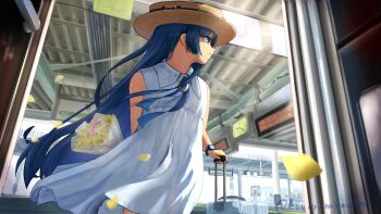 1girl absurdres arm_behind_back blue_eyes blue_hair blue_ribbon bouquet brooch brown_hat cevio collared_dress commentary_request cowboy_shot dress floating_clothes floating_hair flower from_below futaba_minato hat highres holding holding_bouquet holding_suitcase jewelry light_smile long_hair looking_to_the_side outdoors petals petrasche_(kunio_miracle) porkpie_hat profile ribbon rolling_suitcase sidelighting sleeveless sleeveless_dress solo standing suitcase train train_station train_station_platform twitter_username watch white_dress wristwatch yellow_flower