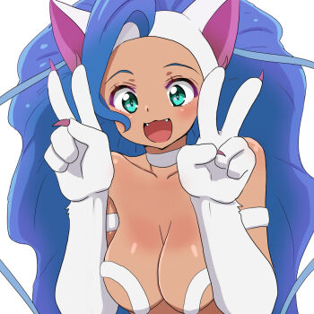 1girl animal_ears animal_hands bare_shoulders blue_hair breasts cat_ears cat_girl dark-skinned_female dark_skin darkstalkers double_v fangs felicia_(darkstalkers) green_eyes large_breasts long_hair ryuusuke_(yubhxigbvploicw) upper_body v very_long_hair white_background white_fur