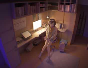 Rule 34 | 1girl, absurdres, backpack, bag, bare legs, bedroom, blue ribbon, bob cut, bobby socks, book, book stack, bookshelf, box, brown hair, cabinet, calendar (object), cardigan, chair, closed eyes, closed mouth, computer mouse, corner, desk, desk lamp, doorway, dot nose, easel, facing viewer, fisheye, from above, gift, gift box, hairband, hallway, hands on lap, highres, indoors, jewelry, knees together feet apart, lamp, light particles, light smile, monitor, necklace, nightgown, no shoes, official alternate costume, on chair, open book, open door, orange hairband, orange nightgown, own hands together, paper, po ndu, printer, project sekai, purple shorts, ribbon, rug, shadow, shinonome ena, short hair, shorts, sitting, sleepwear, smile, socks, solo, soshite ima ribbon wo musunde (project sekai), stool, swept bangs, swivel chair, white socks, wide shot, wooden floor, yellow cardigan