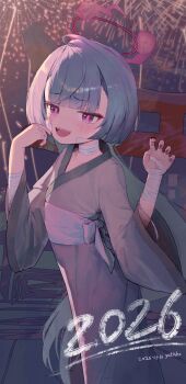 1girl bandages blue_archive blush commentary_request fireworks grey_hair halo highres japanese_clothes kimono long_hair open_mouth red_halo shuro_(blue_archive) smile solo yukiho_(69865456)