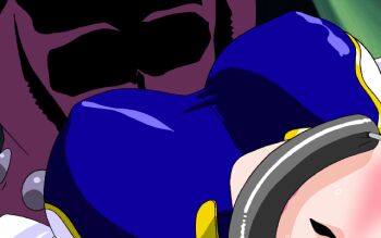 1boy 1girl animated animated_gif assisted_exposure bdsm bit_gag blush bondage bouncing_breasts bound breasts colored_skin diablo_(viper) gag gagged huge_breasts julietta lipstick makeup nipples purple_skin queen shiny_skin torn_clothes undressing viper_(series) viper_rsr