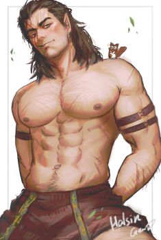 1boy abs animal animal_on_shoulder arm_hair artist_self-insert baldur's_gate baldur's_gate_3 bara braid brown_hair chest_hair dark-skinned_male dark_skin elf greenteaa hairy halsin head_tilt highres large_pectorals leg_hair male_focus mascot mature_male medium_hair muscular muscular_male navel navel_hair nipples pectorals pointy_ears solo squirrel stomach tattoo thick_eyebrows topless_male