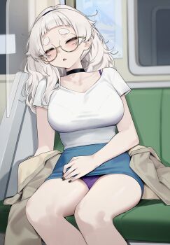 1girl black_choker black_nails blue_skirt blush breasts choker closed_eyes commentary glasses highres indoors large_breasts meg_(wakamepiza) nail_polish original panties pantyshot purple_panties shirt sitting skirt sleeping solo symbol-only_commentary thick_eyebrows train train_interior underwear wakamepiza white_hair white_shirt