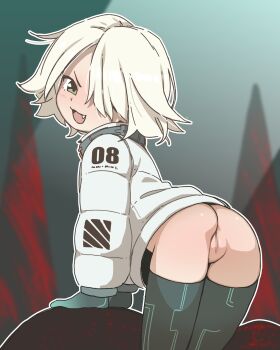 1girl :d absurdres ass eight_(pragmata) fang green_eyes highres jacket leaning_forward loli long_sleeves nude one_eye_covered open_mouth orenjipiiru pragmata puffy_long_sleeves puffy_sleeves short_hair short_shorts shorts smile smug solo white_hair white_jacket white_shorts