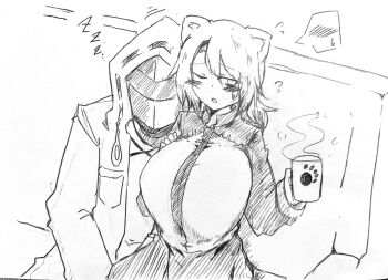 1girl 1other absinthe_(arknights) alternate_breast_size_(larger) animal_ear_fluff animal_ears arknights bear_ears bear_girl bear_paw_print blush breasts check_commentary commentary commentary_request couch cup doctor_(arknights) embarrassed flying_sweatdrops graphite_(medium) hatching_(texture) head_rest highres holding holding_cup hood hood_up hooded_jacket huge_breasts jacket leaning_on_person linear_hatching long_sleeves mask monochrome mug necktie on_couch oni_tengu resting short_hair sitting sleeping small_sweatdrop speech_bubble spoken_blush steaming_cup traditional_media white_background zzz