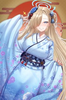 1girl absurdres asuna_(blue_archive) blonde_hair blue_archive blue_bow blue_eyes blue_flower blue_halo blue_kimono blue_nails blue_sash blush bow breasts commentary_request fingernails flower grin hair_bow hair_bun hair_flower hair_ornament hair_over_one_eye halo highres japanese_clothes kimono large_breasts long_fingernails long_hair looking_at_viewer ns_(nissu_ns) obi sash single_side_bun smile solo v