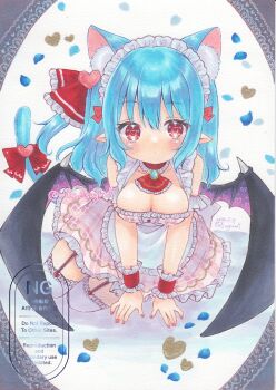 Rule 34 | 1girl, alternate costume, animal ear fluff, animal ears, apron, ascot, back bow, bat wings, blue hair, blush, bow, breasts, brooch, cat ears, cat girl, cat tail, commentary, dress, enmaided, garter straps, heart, heart in eye, highres, jewelry, kemonomimi mode, large breasts, long hair, maid, pink dress, pointy ears, red ascot, red bow, red eyes, red nails, remilia scarlet, solo, symbol in eye, tail, tail bow, tail ornament, thighhighs, touhou, traditional media, tsugumi (tky-fam), waist apron, watermark, white apron, white bow, white thighhighs, wings, wrist cuffs