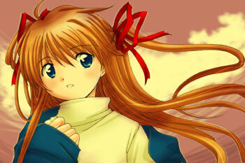 Rule 34 | 1girl, 2000s (style), bad id, blue eyes, blue jacket, blue sleeves, blush, clothes down, commentary request, dated, denim, denim jacket, dutch angle, hair ribbon, jacket, kanon, key (company), long hair, long sleeves, looking to the side, orange hair, outdoors, parted lips, patoto, red ribbon, red sky, retro artstyle, ribbon, sawatari makoto, shirt, sky, sleeve cuffs, solo, straight hair, turtleneck, turtleneck shirt, two side up, upper body, yellow cloud, yellow shirt, yellow sleeves