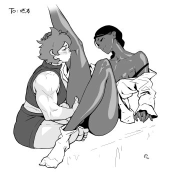 2girls bare_shoulders barefoot blush bra bra_pull braid breasts closed_mouth clothes_pull commentary dark-skinned_female dark_skin dungeon_meshi english_commentary greyscale hand_on_another's_head hand_on_another's_thigh highres kiki_floke kissing_leg long_hair long_sleeves loose_clothes loose_shirt medium_breasts mole mole_under_eye monochrome multiple_girls muscular muscular_female namari_(dungeon_meshi) nipples no_pants open_clothes open_shirt panties shirt short_hair shorts signature sitting sleeveless sleeveless_shirt sleeveless_turtleneck small_breasts smile socks strap_slip teecee_zhang toes turtleneck underwear yuri