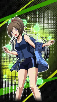 1girl anime_coloring ansatsu_kyoushitsu bare_shoulders bike_shorts blue_jacket blue_tank_top breasts brown_hair collarbone cowboy_shot green_background hands_up jacket large_breasts morita_kazuaki official_art open_mouth plaid_background ponytail purple_eyes short_hair short_sleeves sidelocks smile solo standing tank_top teeth undressing upper_teeth_only yada_touka