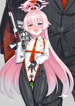 1girl 1other absurdres ahoge alternate_costume alternate_universe bar_censor belly_rub bimbofication black_gloves black_pants blue_archive blue_eyes blush breastless_clothes breasts censored collared_shirt corruption dark_persona defeat dildo embarrassed evil_smile fang gloves gozaru gun halo hand_on_another&#039;s_shoulder hand_on_own_stomach heterochromia highres hip_bones holding holding_gun holding_weapon hoshino_(blue_archive) huge_ahoge kaiser_pmc_director_(blue_archive) loli long_hair long_sleeves mind_control necktie netorare object_insertion pants pink_hair pink_halo pussy red_necktie sex_toy shirt small_breasts small_nipples smile striped_clothes striped_pants vaginal vaginal_object_insertion weapon white_shirt yellow_eyes