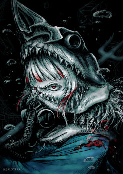 1girl absurdres air_bubble artist_name baloolax blood bubble colored_eyelashes diving_mask eyelashes floating_hair gawr_gura gawr_gura_(1st_costume) goggles highres hololive hololive_english hose mask mouth_mask red_eyes red_hair reflect_(gawr_gura) respirator shark sharp_teeth skull solo teeth twitter_username underwater v-shaped_eyebrows virtual_youtuber white_eyelashes white_hair