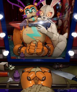 1boy 1girl :d absurdres alpineping animal_costume animal_ear_piercing animal_ears animatronic arm_around_shoulder artist_name balloon black_bow black_bowtie blue_bow blue_bowtie bottle bound bound_wrists bow bowtie bracelet brown_eyes buck_teeth can claws commentary drink_can ear_piercing english_commentary eyelashes fake_animal_ears fake_tail fangs five_nights_at_freddy's five_nights_at_freddy's:_security_breach flower flower_pot furry furry_male glamrock_freddy glowing glowing_eyes hat highres indoors jewelry knife looking_at_viewer marquee_lights microphone mini_hat mini_top_hat mirror open_mouth patchwork_clothes piercing pov pov_hands rabbit_costume rabbit_ears rabbit_tail red_eyes reflection rope smile soda_can spiked_bracelet spikes table tail teeth top_hat twitter_username upper_teeth_only vanity_table vanny_(fnaf) white_flower