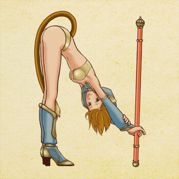 Rule 34 | 1girl, alphabet, animal ears, bad id, bad pixiv id, bikini, bikini top only, blue eyes, brown hair, female focus, genderswap, genderswap (mtf), journey to the west, letter pose, midriff, monkey ears, monkey tail, navel, panties, polearm, short hair, solo, staff, sun wukong, swimsuit, tail, underwear, weapon, yuuhei