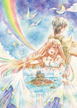 1boy 1girl blonde_hair blue_eyes book bracelet commentary commentary_request crescent_moon dress earrings english_commentary fantasy floating_hair green_shirt grey_hair highres holding holding_book iinuma_chika island jewelry long_hair long_pointy_ears long_sleeves marker_(medium) mixed-language_commentary moon ocean open_book open_mouth original pointy_ears rainbow shirt short_hair skirt_hold smile standing surreal town traditional_media very_long_hair water white_dress