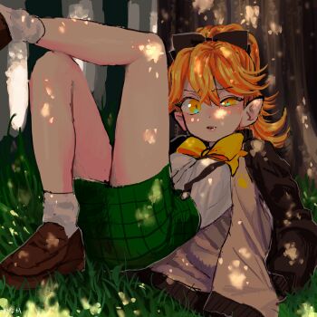 1girl brown_jacket commentary_request crossed_legs fang forest full_body highres jacket long_hair looking_at_viewer lying nature on_back orange_hair original outdoors pointy_ears ponytail shorts solo sukuyo_onaka suspenders tree under_tree uneven_eyes yellow_eyes