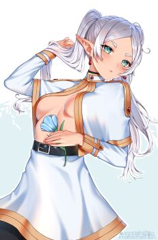 1girl absurdres black_pantyhose breasts capelet cleavage commentary elf flower frieren green_eyes grey_hair highres long_hair looking_at_viewer newmoonshira pantyhose pointy_ears skirt small_breasts solo sousou_no_frieren twintails white_background white_skirt