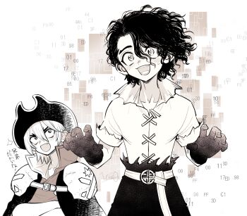 Rule 34 | 2boys, :d, aged down, armor, belt, blush, brothers, cape, claw pose, collarbone, commentary request, crossed arms, curly hair, dr. stone, fang, full-face blush, gloves, greyscale, hair between eyes, hat, highres, looking at viewer, male focus, medium hair, monochrome, multiple boys, nanami ryuusui, nanami sai, ninomae gin, open mouth, pauldrons, pirate, pirate hat, sanpaku, scar, shirt, short hair, shoulder armor, siblings, smile, solo, solo focus, sweat, sweatdrop, torn clothes, upper body