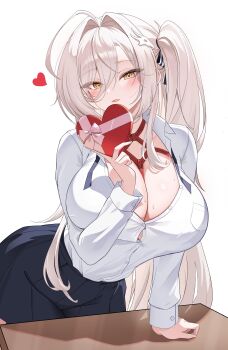 Rule 34 | 1girl, absurdres, azur lane, b grade, black skirt, box, box of chocolates, breasts, candy, chocolate, cleavage, food, gift, gift box, hair between eyes, hair intakes, hakuhou (azur lane), happy valentine, heart-shaped box, highres, holding, holding box, holding chocolate, holding food, holding gift, huge breasts, large breasts, long hair between eyes, pleated skirt, school uniform, simple background, skirt, solo, sweat, valentine, white background, white hair, yellow eyes