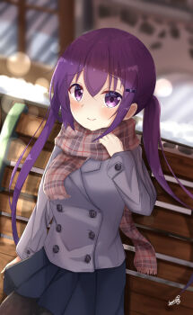 1girl bench blurry blurry_background blurry_foreground blush closed_mouth gochuumon_wa_usagi_desu_ka? hair_ornament hairclip highres long_hair naonao_(sherry) pantyhose plaid_clothes plaid_scarf plaid_skirt pleated_skirt purple_eyes purple_hair red_scarf scarf sitting skirt smile solo tedeza_rize twintails
