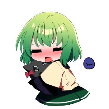 Rule 34 | 1girl, absurdres, animal, blush, cat, chibi, chibi only, closed eyes, commentary request, fang, frilled sleeves, frills, full body, green hair, green skirt, highres, holding, holding animal, kaenbyou rin, kaenbyou rin (cat), komeiji koishi, long sleeves, open mouth, shirt, short hair, simple background, skin fang, skirt, sleeves past fingers, sleeves past wrists, third eye, touhou, white background, yellow shirt, you (noanoamoemoe)