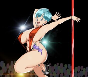 1girl breasts bulma condom curvy dragon_ball dragonball_z earrings high_heels highres huge_breasts jewelry mature_female money pole pole_dancing short_hair slingshot_swimsuit smile stripper_pole swimsuit ultivlad