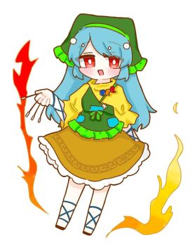 1girl anzu_cha709 apron blush_stickers brown_sandals deformed frilled_skirt frills green_apron green_headscarf haniyasushin_keiki headscarf holding looking_at_viewer open_mouth orange_skirt puffy_sleeves rectangular_mouth red_eyes sandals shirt simple_background skirt solo standing touhou white_background yellow_shirt