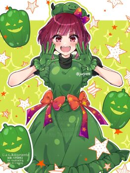 1girl arima_kana bell_pepper blush bob_cut bow dress gloves green_bell_pepper green_bow green_dress green_gloves green_hat hat highres inverted_bob junjonta looking_at_viewer medium_hair open_mouth oshi_no_ko red_bow red_eyes red_hair short_hair short_sleeves smile solo star_(symbol)