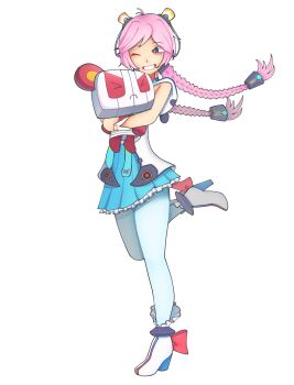 Rule 34 | absurdres, animal, animal hood, animal hug, blue eyes, braid, c4tlvr01, highres, hood, hugging object, morio shishou, non-web source, pantyhose, pink hair, rainbow, rana (vocaloid), standing, standing on one leg, twin braids, vocaloid, white pantyhose