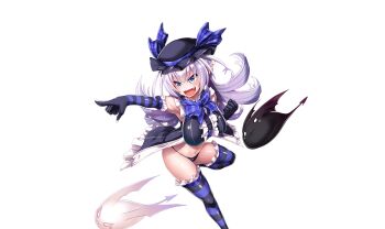 1girl 2others :3 asahi attack bat_wings black_panties blue_eyes breasts creature curvy fang fangs female_focus gloves hat huge_breasts jumping kuro_(taimanin_series) lilith-soft long_hair micro_panties miriam_(taimanin_asagi) missile multiple_others navel open_mouth panties pet pointy_ears revealing_clothes shiny_skin shiro_(taimanin_series) smile taimanin_(series) taimanin_rpgx thong transparent_background underwear white_hair wide_hips wings