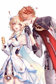 ! 1boy 1girl absurdres abyss_of_alyss arm_armor bare_shoulders black_gloves blonde_hair blue_eyes breasts cleavage commentary_request cowboy_shot dango detached_sleeves dress earrings eating feather_hair_ornament feathers flower food genshin_impact gloves grey_pants grey_shirt hair_between_eyes hair_flower hair_ornament heart highres holding holding_food jewelry large_breasts long_sleeves looking_at_another looking_back lumine_(genshin_impact) mask mask_on_head open_mouth orange_hair pants partially_fingerless_gloves red_mask shirt short_hair short_hair_with_long_locks simple_background tartaglia_(genshin_impact) wagashi white_background white_dress yellow_eyes