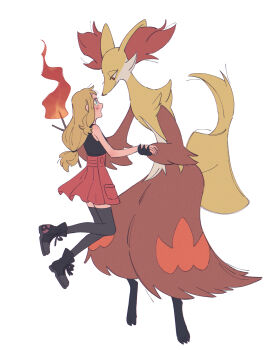 1girl black_footwear black_shirt blonde_hair blush commentary_request delphox eye_contact fire gen_6_pokemon grey_thighhighs high-waist_skirt highres hime_(himetya105) holding_hands long_hair looking_at_another low-tied_long_hair nintendo open_mouth pleated_skirt pokemon pokemon_(creature) pokemon_xy red_skirt serena_(pokemon) shirt shoes sidelocks simple_background skirt sleeveless sleeveless_shirt stick thighhighs white_background