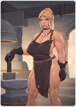 Rule 34 | 1girl, anvil, apron, bare legs, bare shoulders, belt, blacksmith, blonde hair, blue eyes, breasts, castle, cecilia the blacksmith (rino99), choker, cleavage, ear piercing, earrings, gloves, hammer, high ponytail, highres, holding, holding hammer, jewelry, large breasts, lips, looking ahead, muscular, muscular female, necklace, original, parted bangs, piercing, ponytail, rino99, scar, scar on face, sideboob, sidelocks, solo, solo focus, thighs, upper body