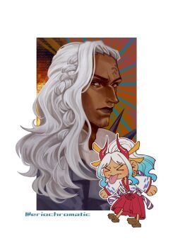 Rule 34 | > <, >p<, 1boy, 1girl, aqua hair, aquiline nose, braid, chibi, closed mouth, commentary, english commentary, eriochromatic, facial hair, facial tattoo, geta, goatee, hair ornament, hakama, highres, horns, japanese clothes, king (one piece), long hair, looking at viewer, nose, one piece, ponytail, red hakama, red horns, rope, shimenawa, sidelocks, tattoo, twitter username, white hair, wide sleeves, yamato (one piece)